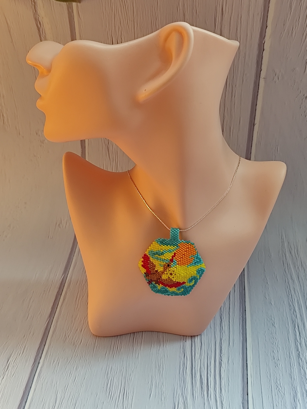 Multicolor Beaded Pendant Necklace — Bright Yellow & Turquoise